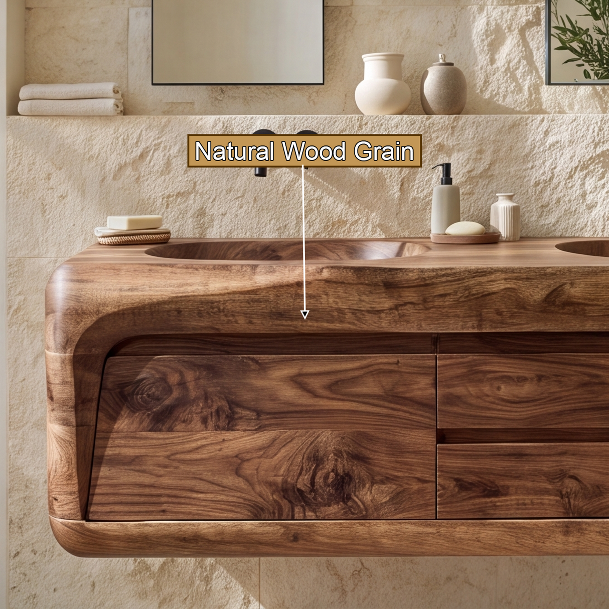 Nymeroak Sculpted Solid Wood Floating Bathroom Vanity with Integrated Sinks and Drawers