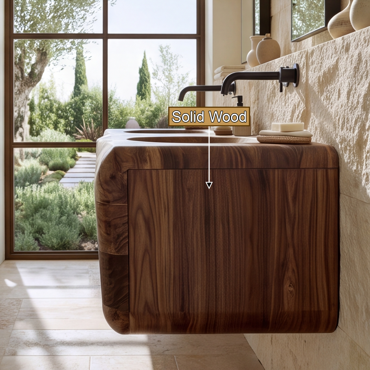 Nymeroak Sculpted Solid Wood Floating Bathroom Vanity with Integrated Sinks and Drawers