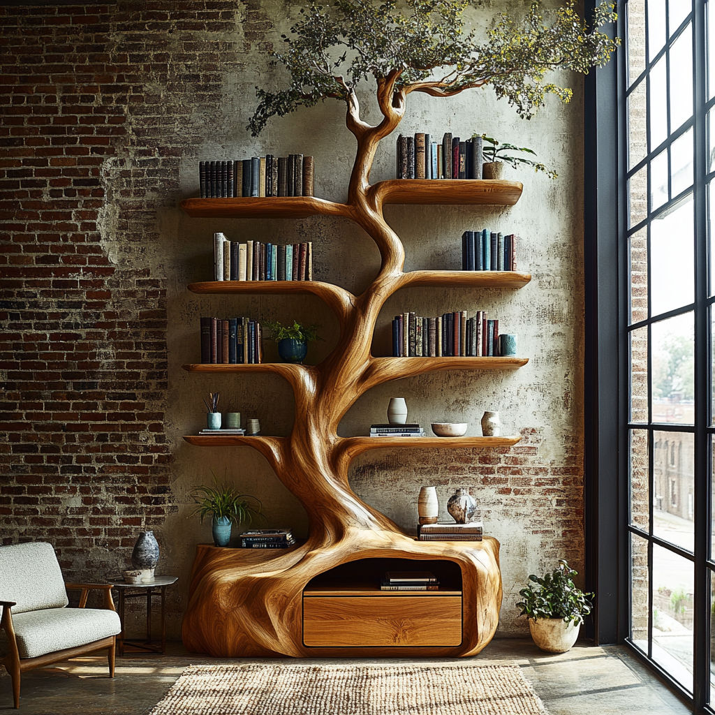 Nytherion Sculpted Solid Wood Tree Bookshelf with Drawers - Timberustic Tree Bookshelf