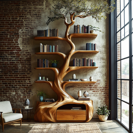 Nytherion Sculpted Solid Wood Tree Bookshelf with Drawers - Timberustic Tree Bookshelf