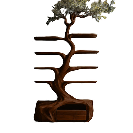 Nytherion Sculpted Solid Wood Tree Bookshelf with Drawers Dark Walnut - Timberustic Tree Bookshelf