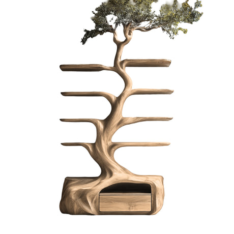 Nytherion Sculpted Solid Wood Tree Bookshelf with Drawers Natural Oak - Timberustic Tree Bookshelf