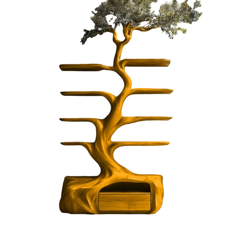 Nytherion Sculpted Solid Wood Tree Bookshelf with Drawers Teak - Timberustic Tree Bookshelf