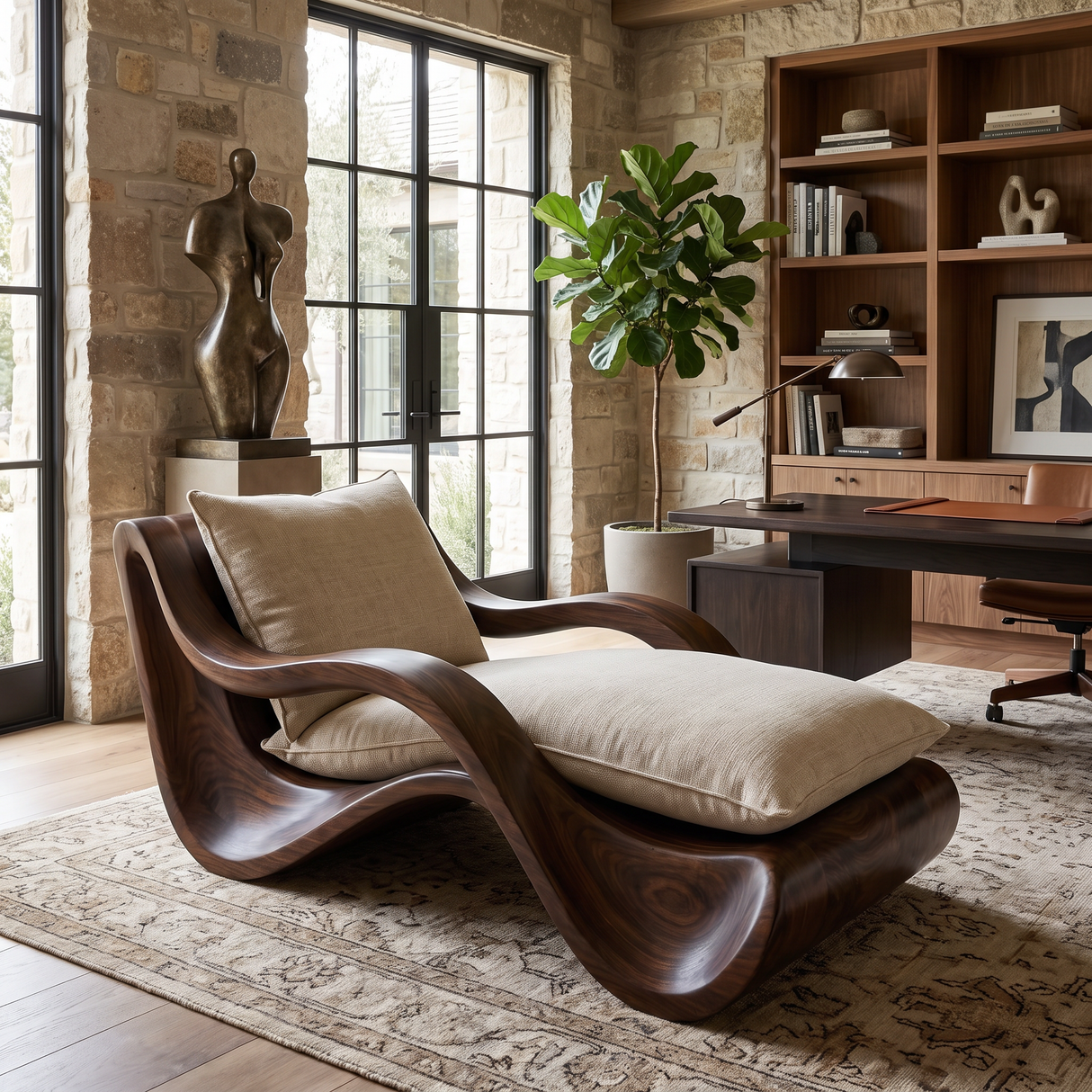Nytheris Handcrafted Sculpted Solid Wood Chaise Lounge
