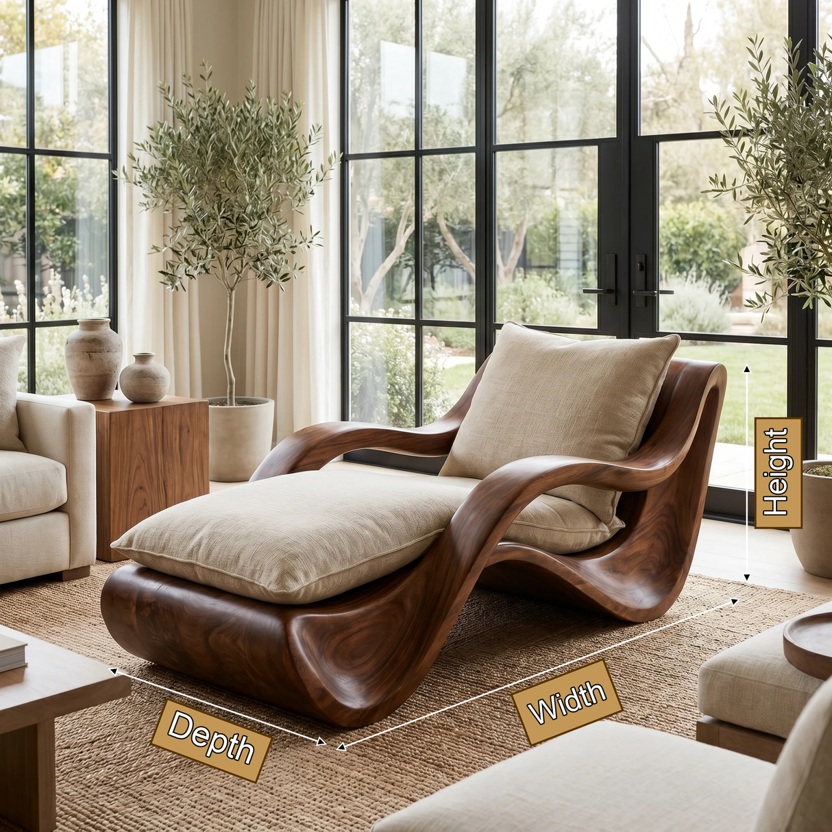 Nytheris Handcrafted Sculpted Solid Wood Chaise Lounge
