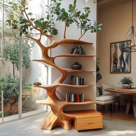 Oakspire Handcrafted Sculpted Solid Wood Tree Bookshelf with Drawer SPA198784 - Timberustic Tree Bookshelf with Drawers