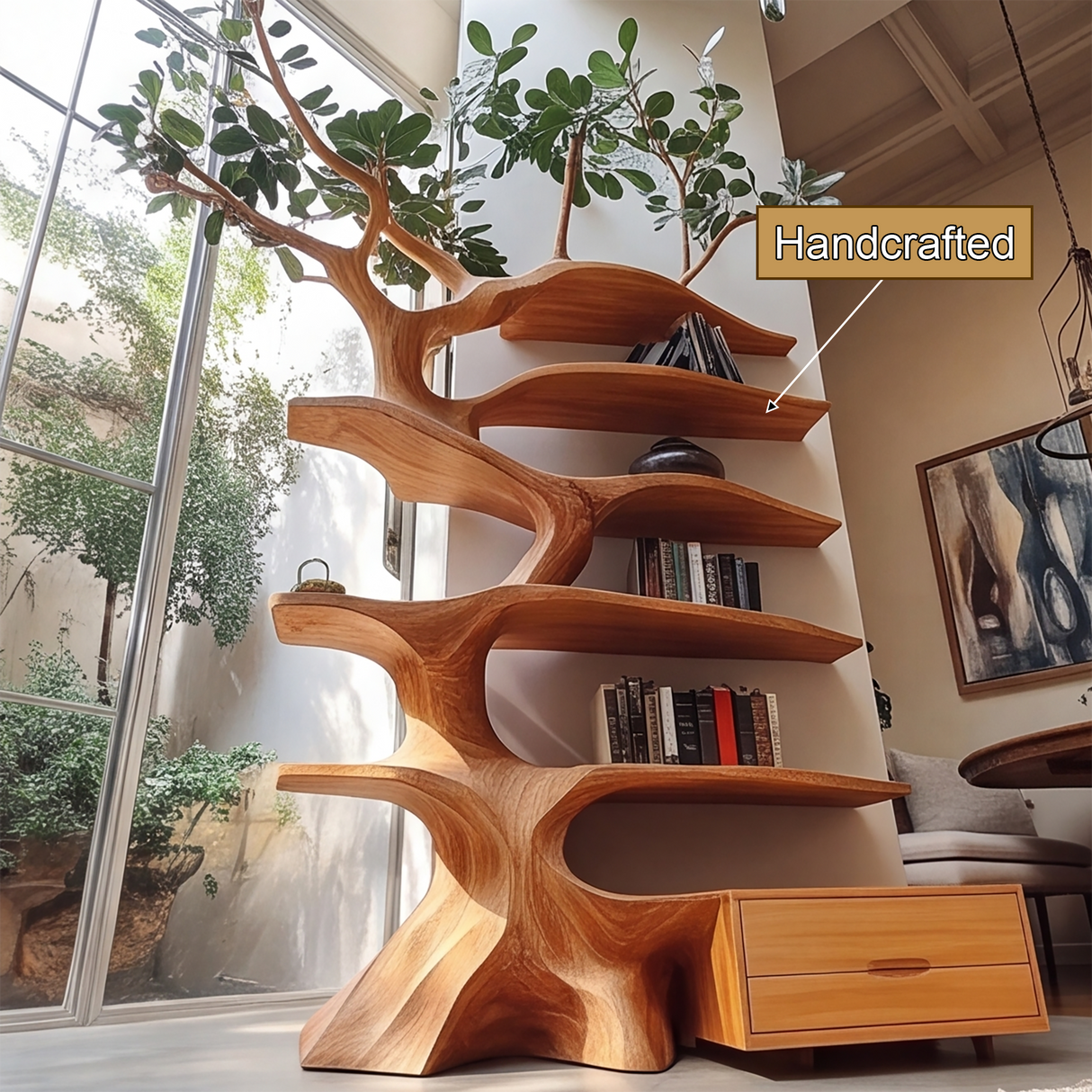 Oakspire Handcrafted Sculpted Solid Wood Tree Bookshelf with Drawer SPA198784 - Timberustic Tree Bookshelf
