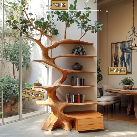 Oakspire Handcrafted Sculpted Solid Wood Tree Bookshelf with Drawer SPA198784 - Timberustic Tree Bookshelf with Drawers