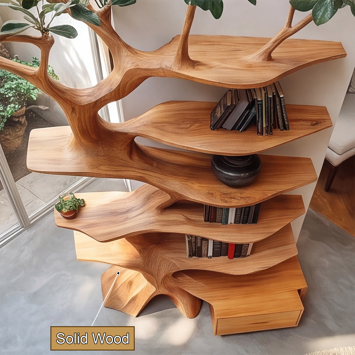 Oakspire Handcrafted Sculpted Solid Wood Tree Bookshelf with Drawer SPA198784 - Timberustic Tree Bookshelf