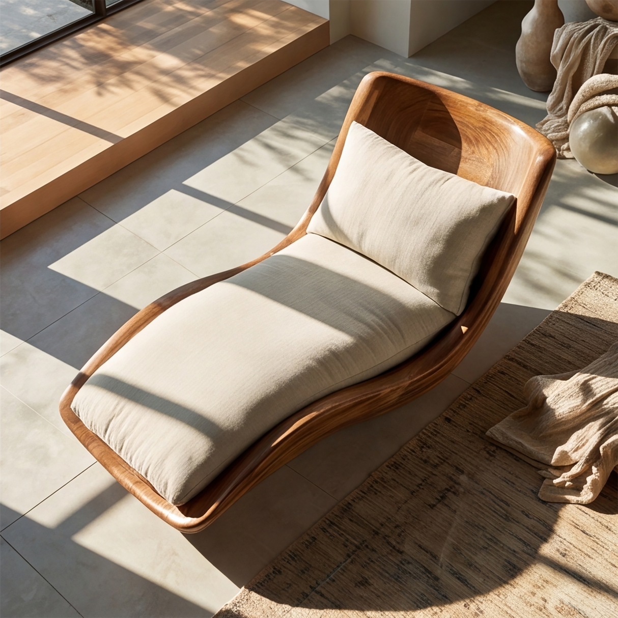 Orivelle Handcrafted Sculpted Solid Wood Chaise Lounge