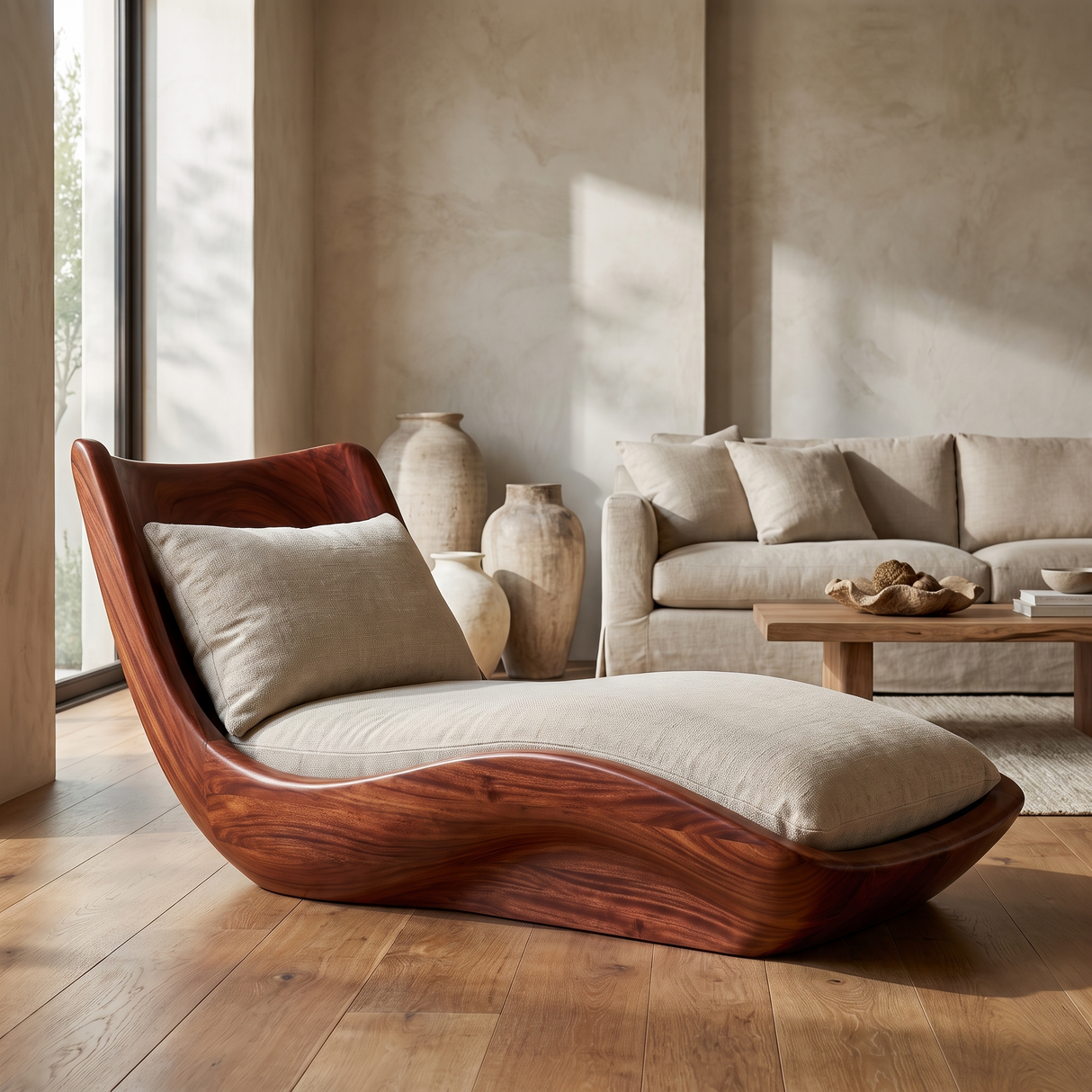 Orivelle Handcrafted Sculpted Solid Wood Chaise Lounge
