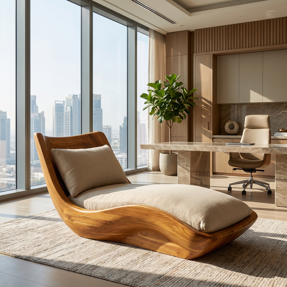 Orivelle Handcrafted Sculpted Solid Wood Chaise Lounge