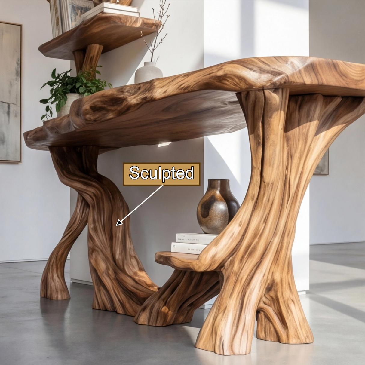 Orvane Sculpted Solid Wood Console Table with Shelves - Timberustic Console Table with Shelves