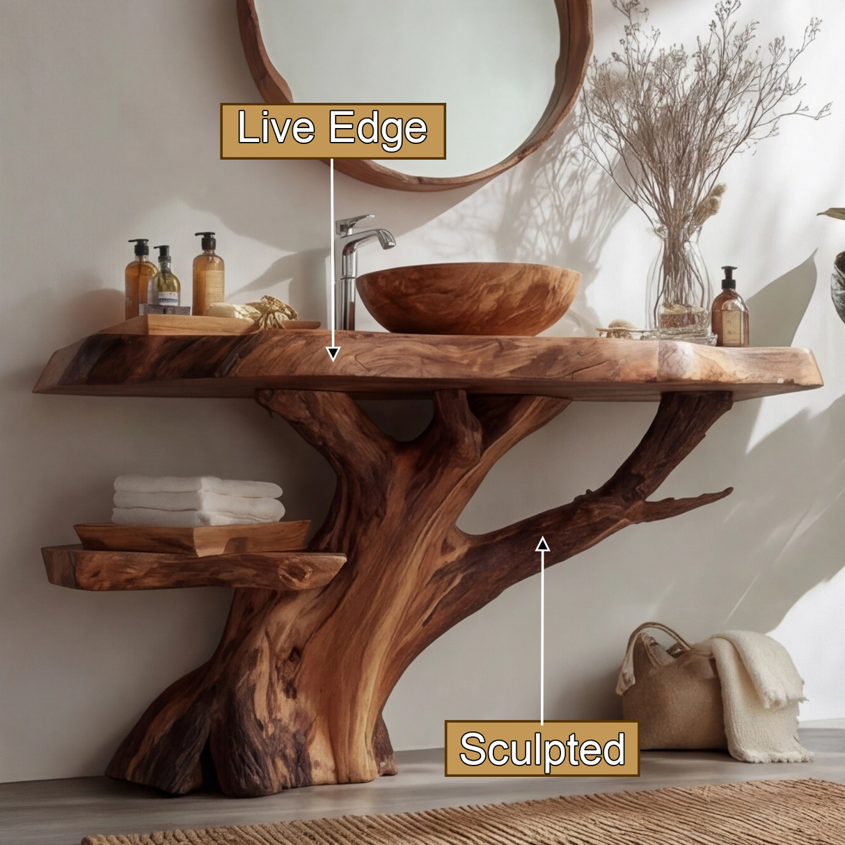 Orvane Sculpted Solid Wood Freestanding Bathroom Vanity with Shelves - Timberustic Freestanding Bathroom Vanity with Shelves