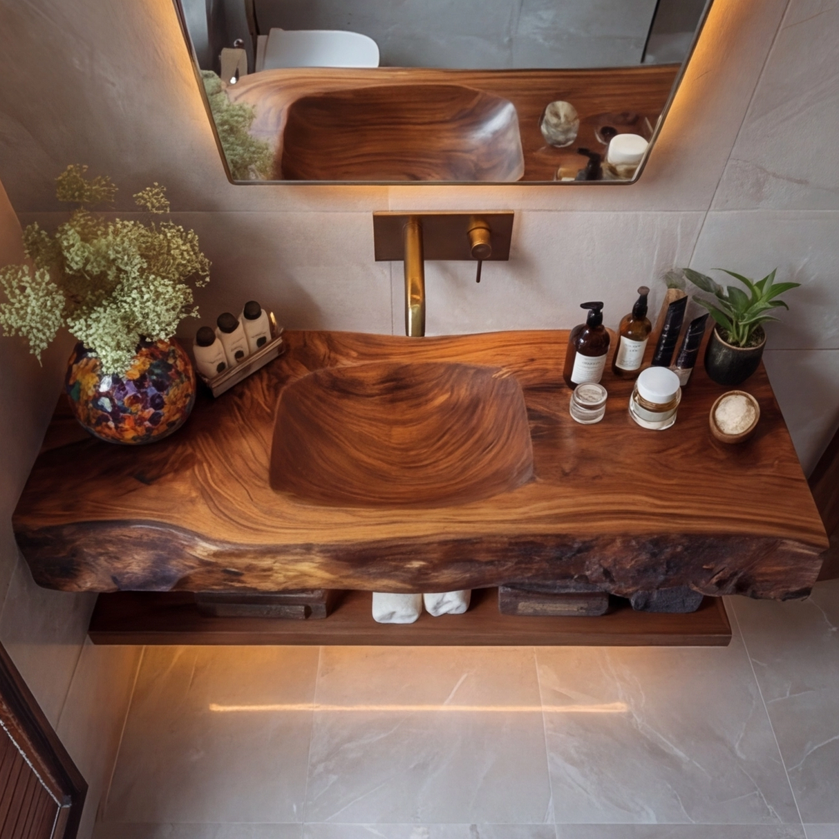 Orvello Handcrafted Live Edge Solid Wood Floating Bathroom Vanity with Integrated Sink SPA361872 - Timberustic Floating Bathroom Vanity with Integrated Sink