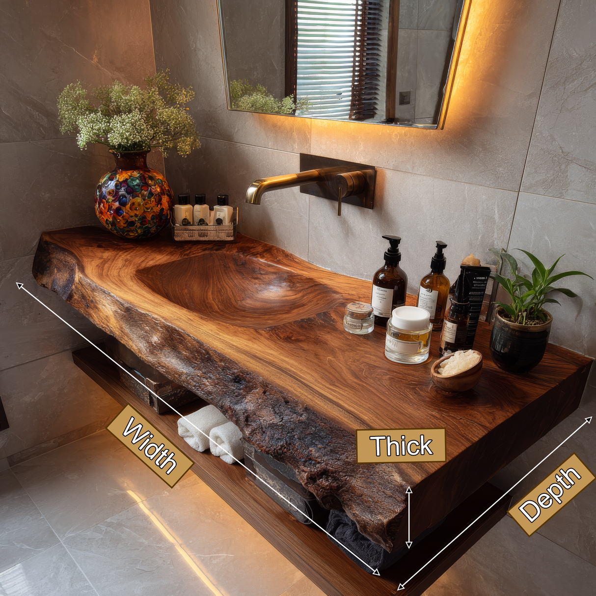 Orvello Handcrafted Live Edge Solid Wood Floating Bathroom Vanity with Integrated Sink SPA361872 - Timberustic Floating Bathroom Vanity with Integrated Sink