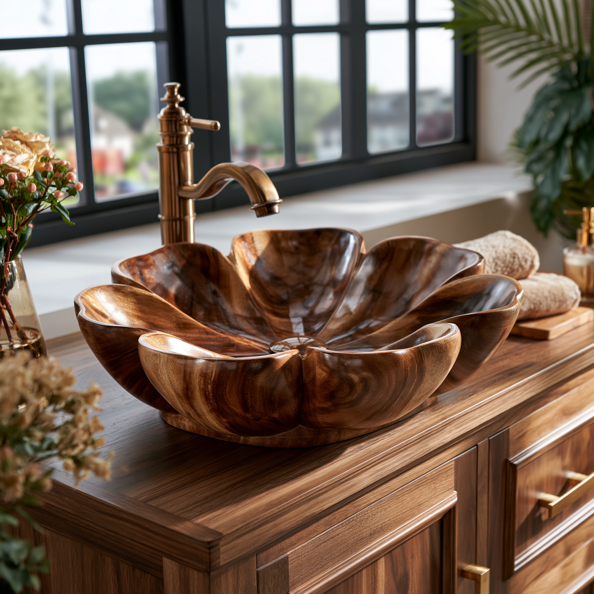 Petalora Handcrafted Solid Wood Flower Vessel Sink - Timberustic Vessel Sinks