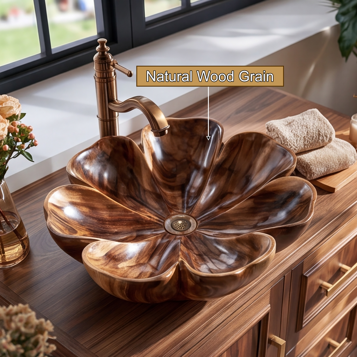 Petalora Handcrafted Solid Wood Flower Vessel Sink - Timberustic Vessel Sinks