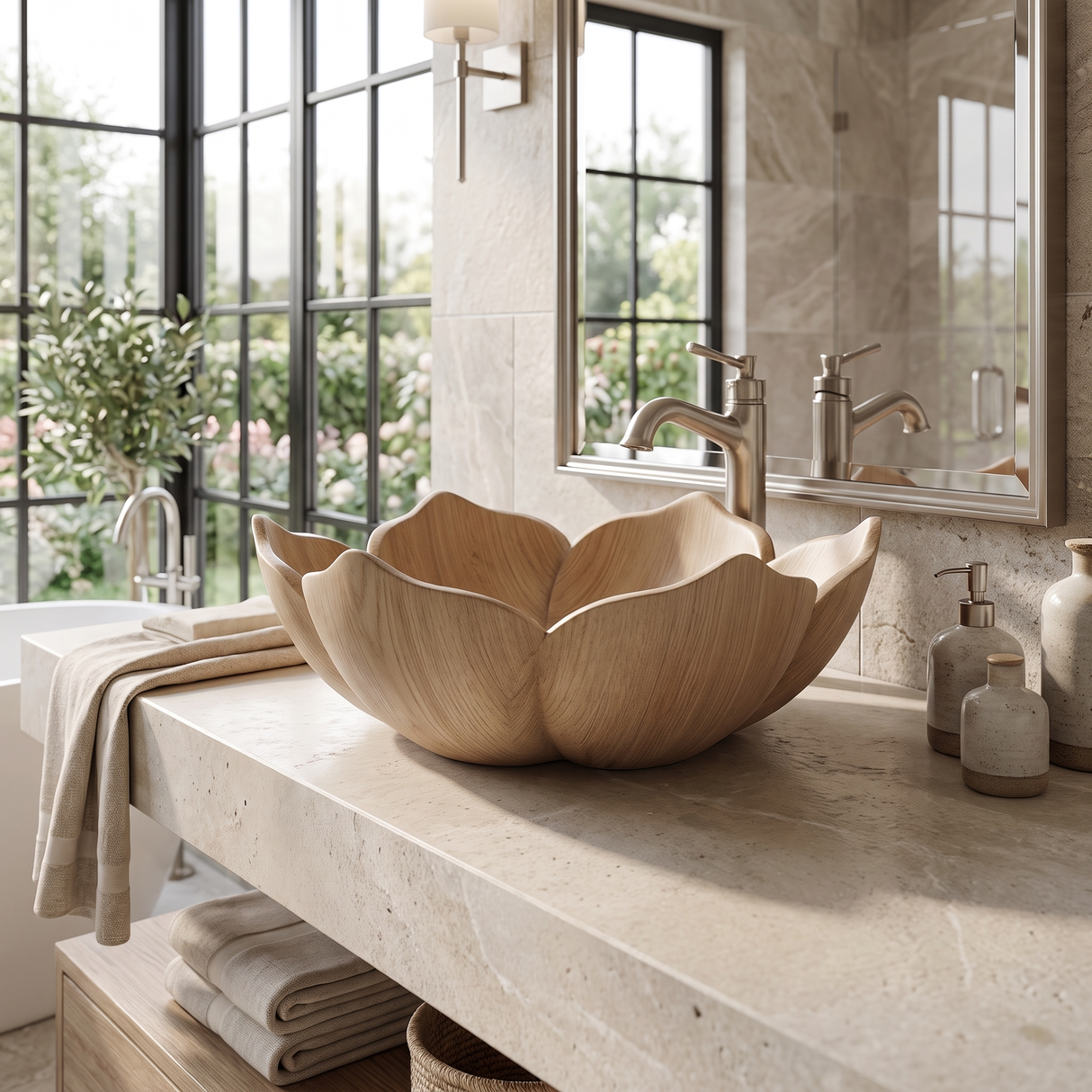 Petalore Handcrafted Solid Wood Flower Vessel Sink