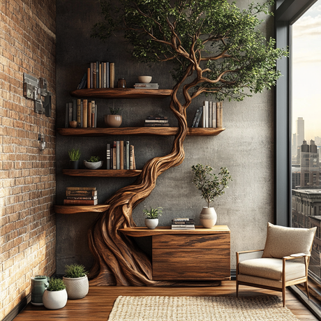 Ravaryn Organic Modern Tree Bookshelf with Drawers - Timberustic Tree Bookshelf