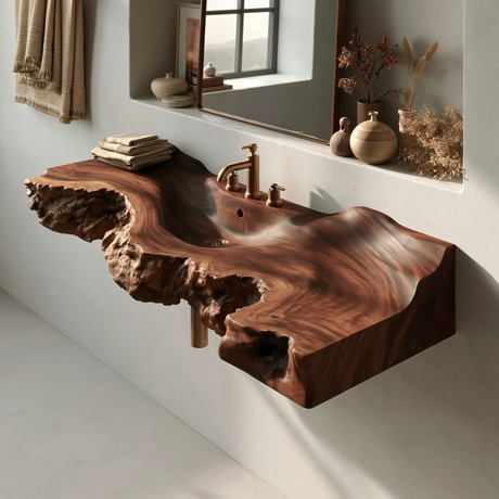 Ravencrest Handcrafted Live Edge Solid Wood Floating Bathroom Vanity with Integrated Sink - Timberustic Floating Bathroom Vanity with Integrated Sink