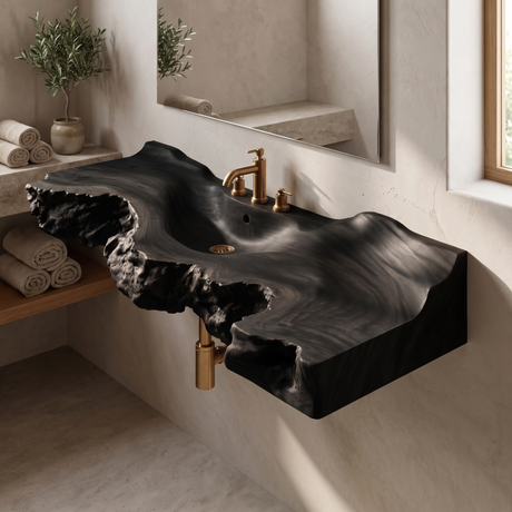 Ravencrest Handcrafted Live Edge Solid Wood Floating Bathroom Vanity with Integrated Sink Black - Timberustic Floating Bathroom Vanity with Integrated Sink