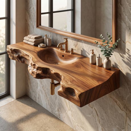 Ravencrest Handcrafted Live Edge Solid Wood Floating Bathroom Vanity with Integrated Sink Brown - Timberustic Floating Bathroom Vanity with Integrated Sink