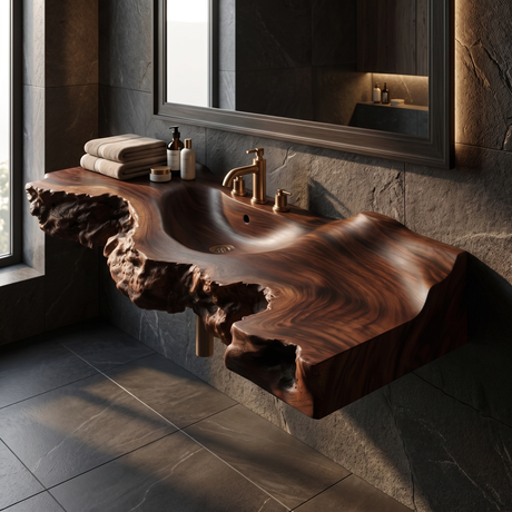 Ravencrest Handcrafted Live Edge Solid Wood Floating Bathroom Vanity with Integrated Sink Dark Walnut - Timberustic Floating Bathroom Vanity with Integrated Sink
