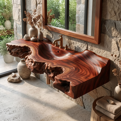 Ravencrest Handcrafted Live Edge Solid Wood Floating Bathroom Vanity with Integrated Sink Mahogany - Timberustic Floating Bathroom Vanity with Integrated Sink