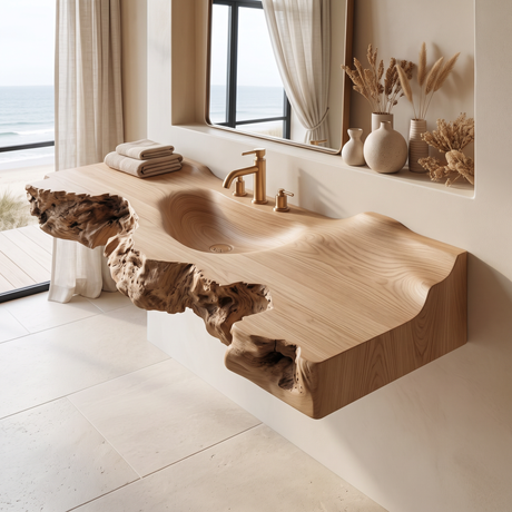 Ravencrest Handcrafted Live Edge Solid Wood Floating Bathroom Vanity with Integrated Sink Natural Oak - Timberustic Floating Bathroom Vanity with Integrated Sink
