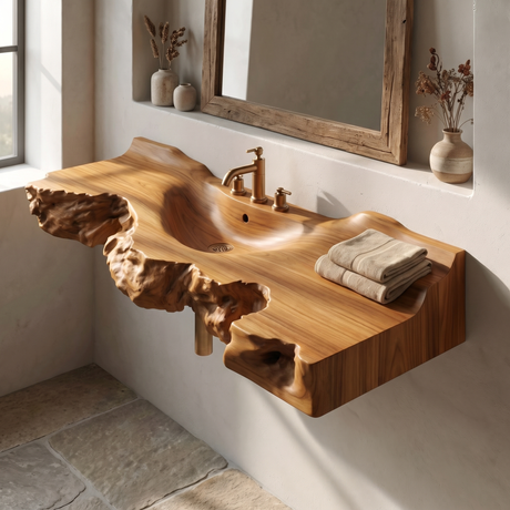 Ravencrest Handcrafted Live Edge Solid Wood Floating Bathroom Vanity with Integrated Sink Teak - Timberustic Floating Bathroom Vanity with Integrated Sink