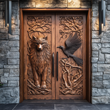 Ravenholt Sculpted Solid Wood Wolf & Raven Double Doors
