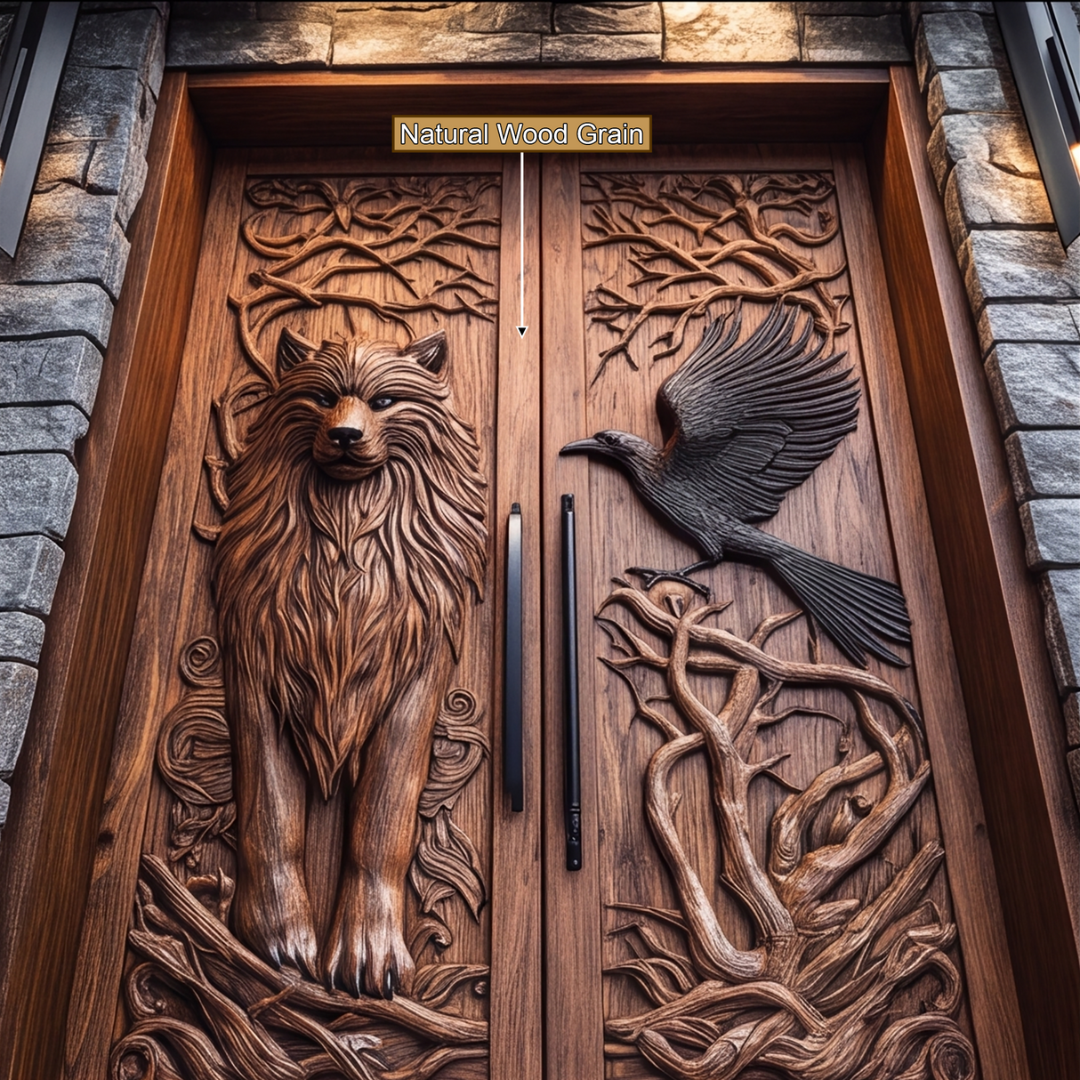 Ravenholt Sculpted Solid Wood Wolf & Raven Double Doors