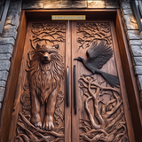 Ravenholt Sculpted Solid Wood Wolf & Raven Double Doors