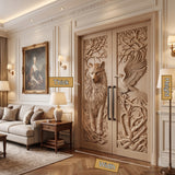 Ravenholt Sculpted Solid Wood Wolf & Raven Double Doors