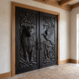 Ravenholt Sculpted Solid Wood Wolf & Raven Double Doors