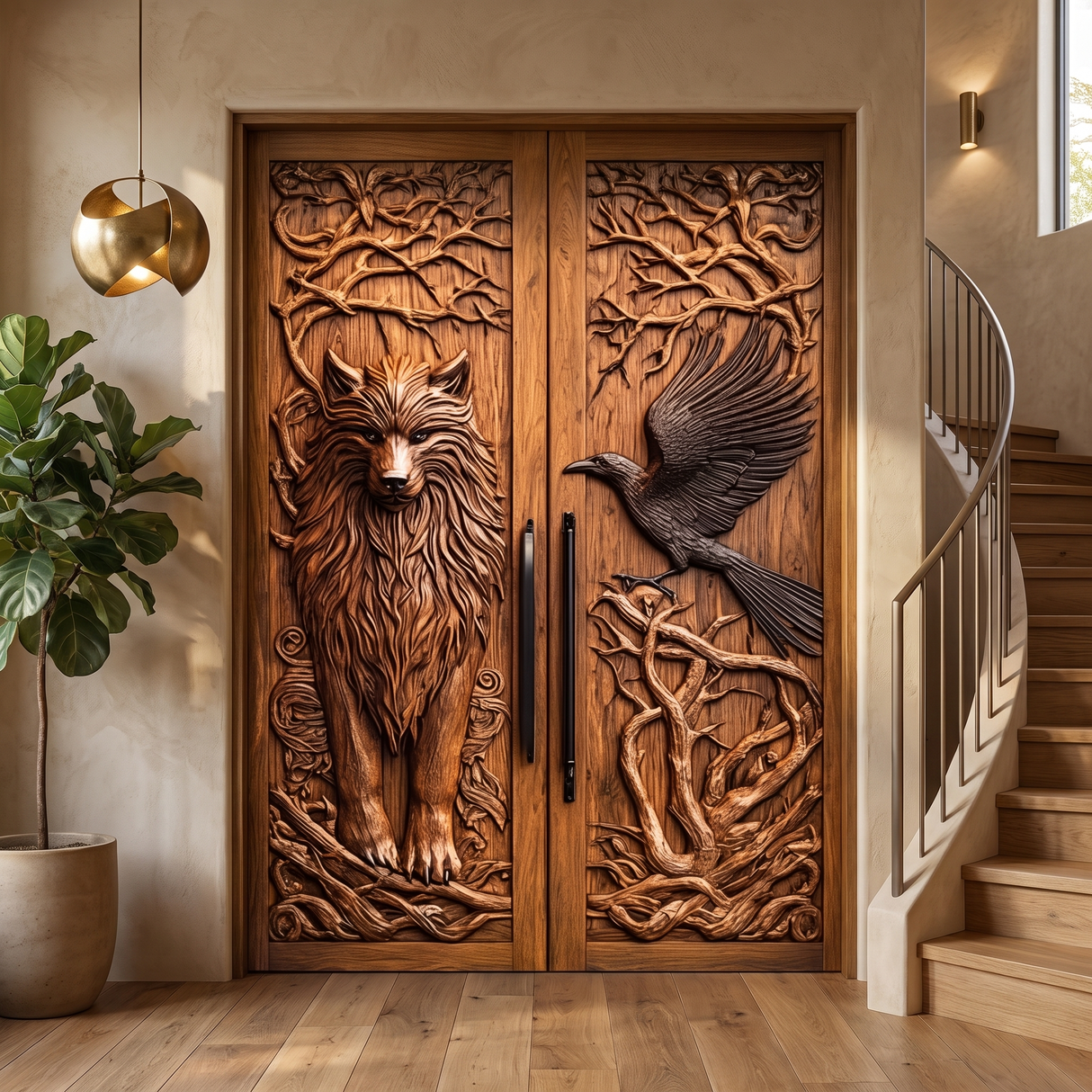 Ravenholt Sculpted Solid Wood Wolf & Raven Double Doors