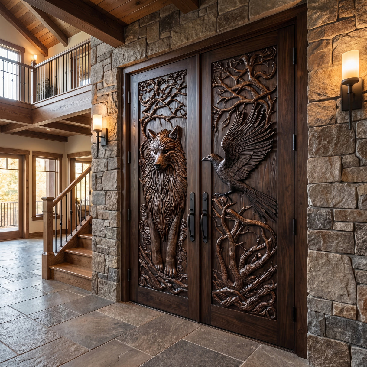 Ravenholt Sculpted Solid Wood Wolf & Raven Double Doors