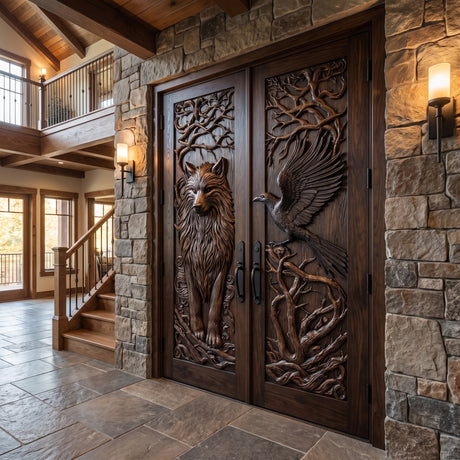Ravenholt Sculpted Solid Wood Wolf and Raven Double Doors Dark Walnut - Timberustic Door