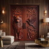 Ravenholt Sculpted Solid Wood Wolf & Raven Double Doors