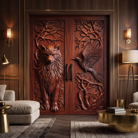 Ravenholt Sculpted Solid Wood Wolf and Raven Double Doors Mahogany - Timberustic Door