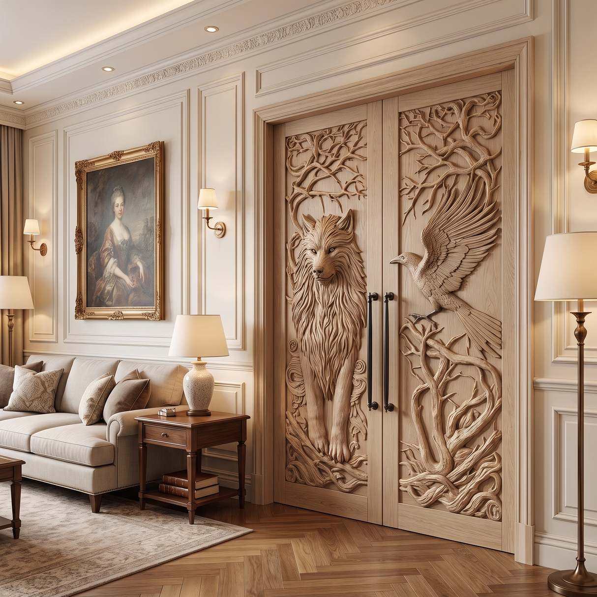 Ravenholt Sculpted Solid Wood Wolf & Raven Double Doors