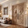 Ravenholt Sculpted Solid Wood Wolf and Raven Double Doors Natural Oak - Timberustic Door