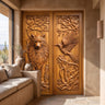Ravenholt Sculpted Solid Wood Wolf and Raven Double Doors Teak - Timberustic Door