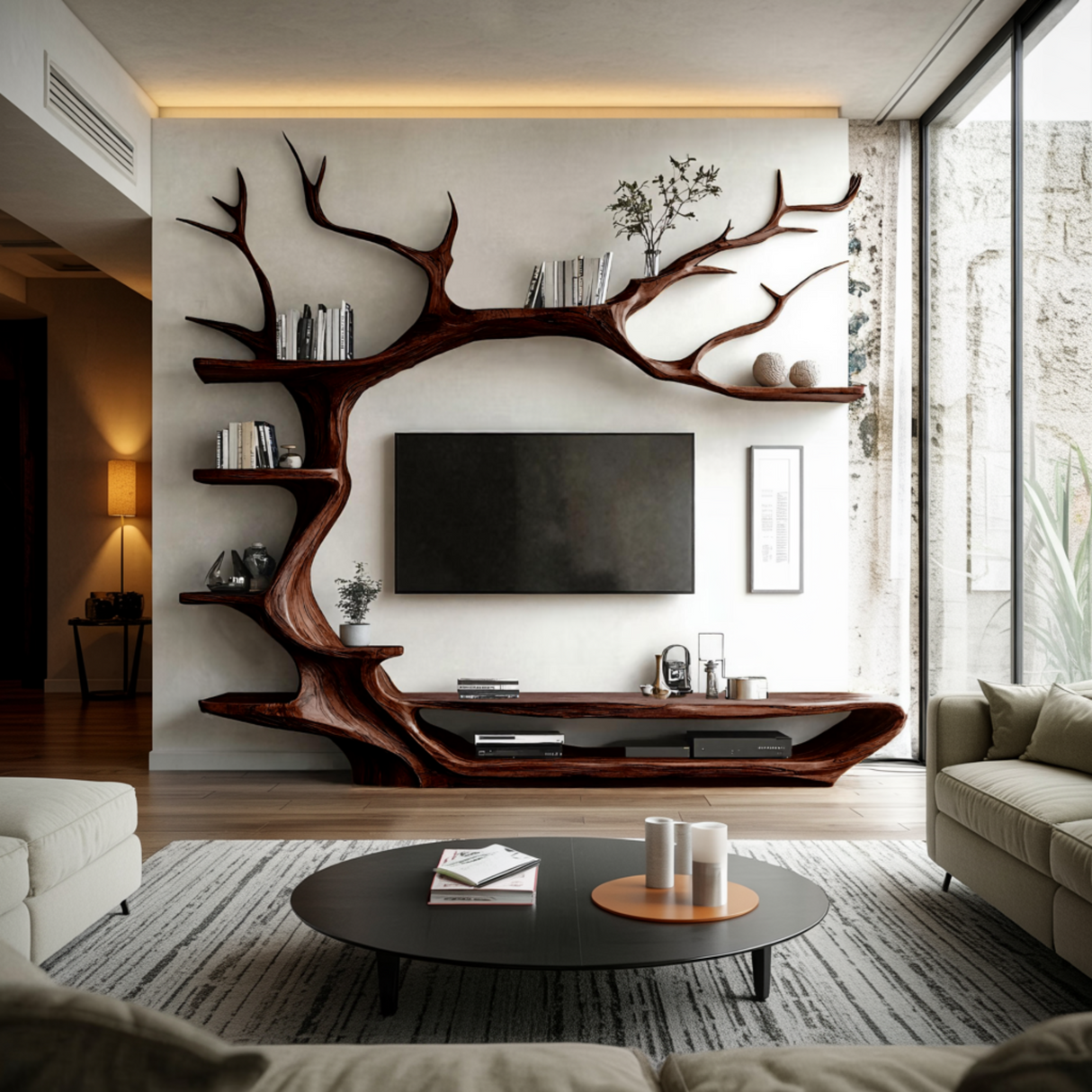 Ravenn Tree Branch Live Edge Solid Wood TV Console - Timberustic TV Console with Tree Shelf