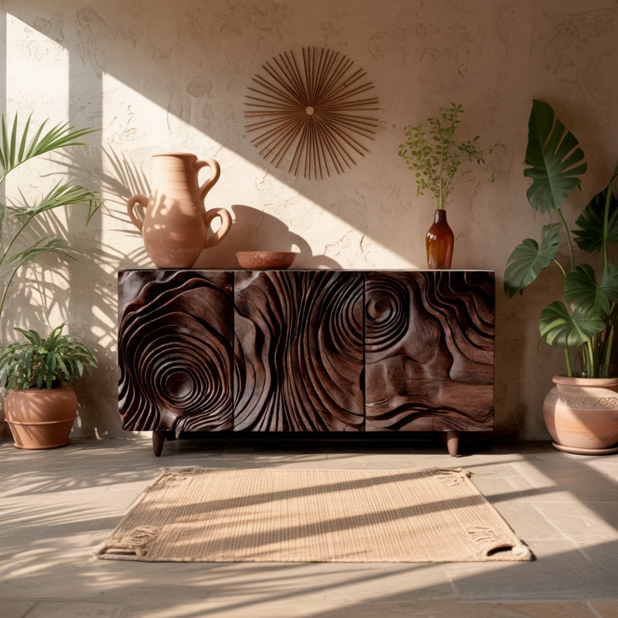 Ravyn Hand-Carved Natural Hardwood Sideboard Cabinet
