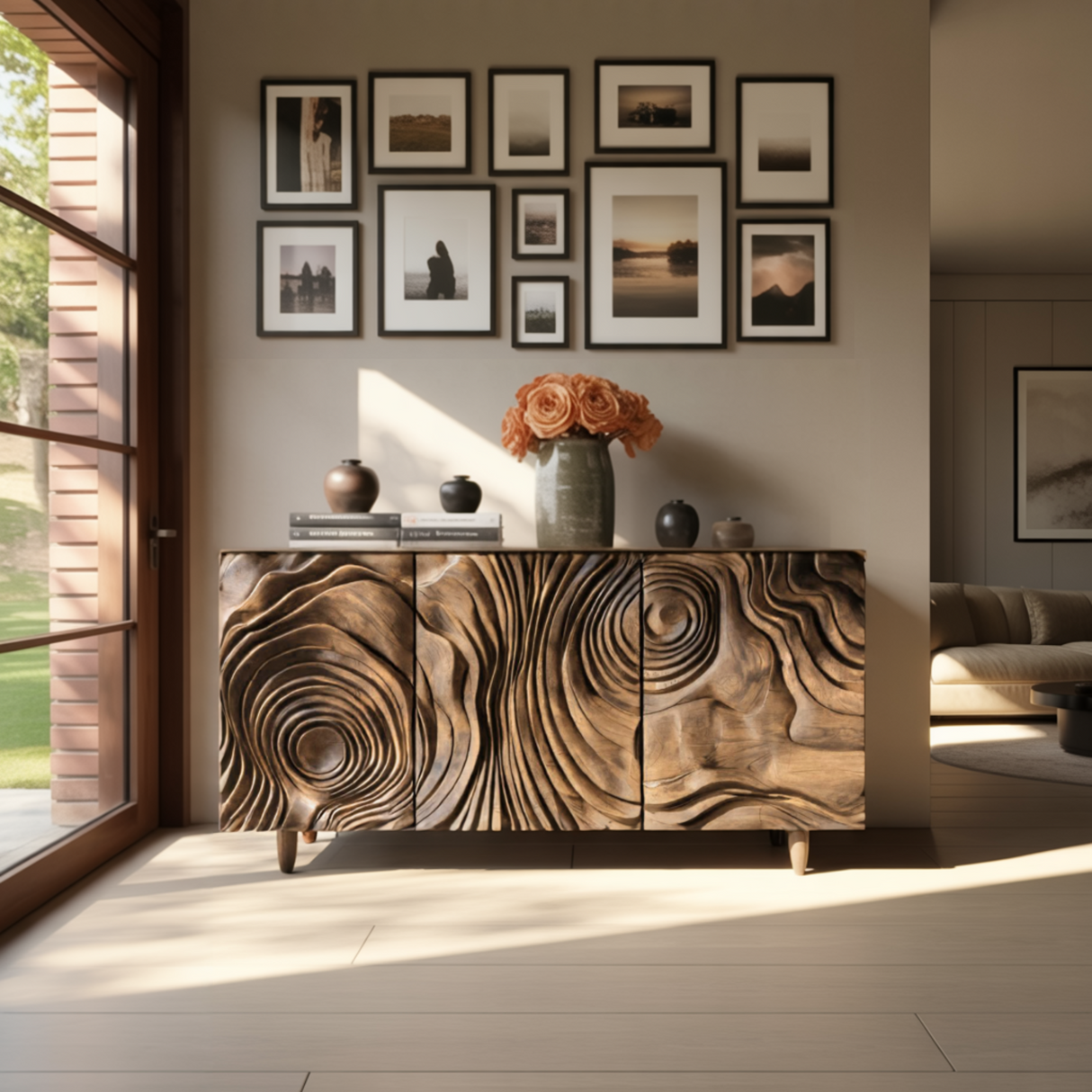 Ravyn Hand-Carved Natural Hardwood Sideboard Cabinet