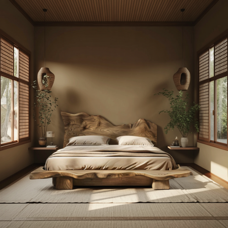 Raw Flow Zen Solid Wood Headboard with Integrated Bed Frame