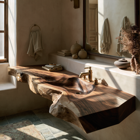 Riverhollow Handcrafted Live Edge Solid Wood Floating Bathroom Vanity with Integrated Sink - Timberustic Floating Bathroom Vanity with Integrated Sink