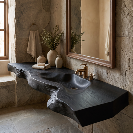 Riverhollow Handcrafted Live Edge Solid Wood Floating Bathroom Vanity with Integrated Sink Black - Timberustic Floating Bathroom Vanity with Integrated Sink